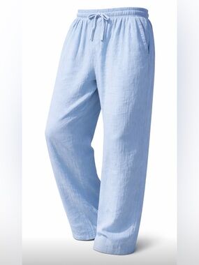 Light Blue Linen Drawstring Pants - Unisex Size L Women - M Men